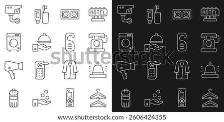 Set line Hanger wardrobe, Hotel service bell, Telephone handset, Electrical outlet, Covered with tray, Washer, Security camera and Please do not disturb icon. Vector