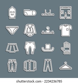 Set line Hanger wardrobe, Leather glove, Polo shirt, Bra, Blazer or jacket, Men underpants, Balaclava and  icon. Vector