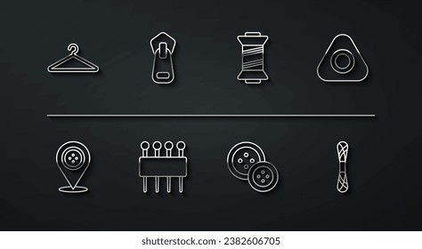 Fijar la línea guardarropa, Tienda minorista de localización, tiza de costura, botón, Aguja para coser, cremallera, yarn e icono de hilo. Vector