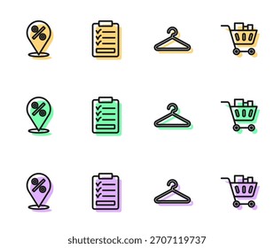Set Linie Hanger Kleiderschrank, Lage mit Prozent, Zwischenablage Checkliste und Warenkorb und Lebensmittel-Symbol. Vektorgrafik