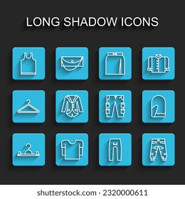 Set line Hanger wardrobe, Long sleeve shirt, Sleeveless T-shirt, Pants, Camouflage cargo pants, Blazer or jacket, Christmas mitten and Cargo icon. Vector