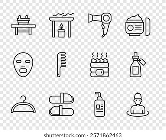 Set line Hanger wardrobe, Man in the sauna, Hair dryer, Sauna slippers, bench with bucket, Hairbrush, Cream or lotion cosmetic tube and Essential oil bottle icon. Vector