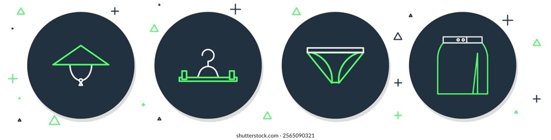 Set line Hanger wardrobe, Men underpants, Asian conical hat and Skirt icon. Vector