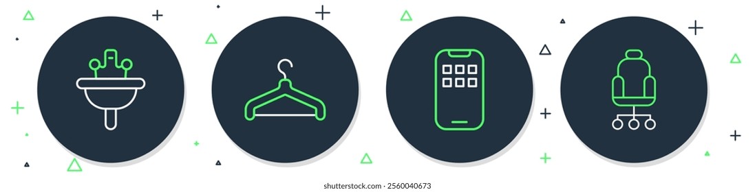 Set line Hanger wardrobe, Mobile Apps, Washbasin and Office chair icon. Vector