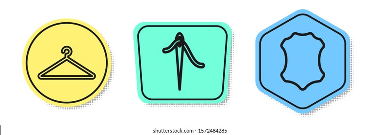 Set line Hanger wardrobe, Needle for sewing with thread and Leather. Colored shapes. Vector