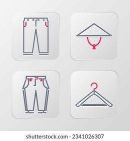 Set line Hanger wardrobe, Pants, Asian conical hat and  icon. Vector