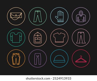 Set line Hanger wardrobe, Pants, Leather glove, Backpack, Long sleeve shirt, Clutch bag, T-shirt and  icon. Vector