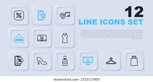 Set línea colgante armario, bolso de compras de papel, Carrito de compras en pantalla portátil, monitor, colgante signo con texto abierto, zapato de mujer, móvil y corazón icono de etiqueta. Vector