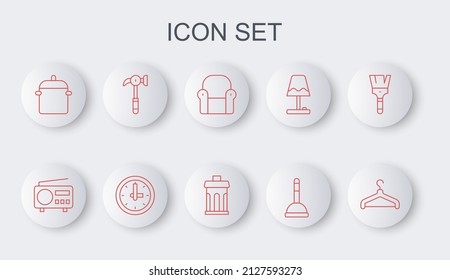 Fijar la línea guardarropa, radio, sillón, émbolo de goma, olla de cocina, martillo, reloj y barra de basura. Vector