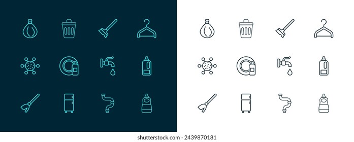 Set line Hanger wardrobe, Refrigerator, Water tap, Industry metallic pipe, Dishwashing bottle and plate, Mop, Garbage bag and Trash can icon. Vector
