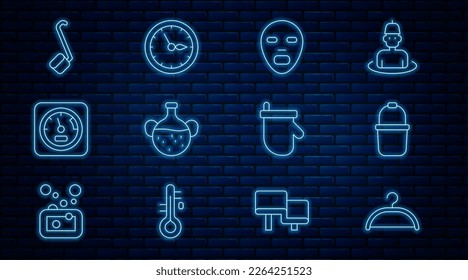 Set line Hanger wardrobe, Sauna bucket, Facial cosmetic mask, Essential oil bottle, thermometer, ladle, mittens and clock icon. Vector