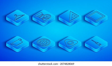 Fijar el armario colgador de línea, el hilo y botón de coser, la regla triangular, la tiza, el patrón, el rollo de tela textil y el icono de herramienta Awl. Vector