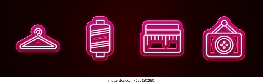 Set line Hanger wardrobe, Sewing thread, Tape measure and Tailor shop. Glowing neon icon. Vector