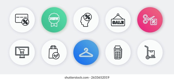 Definir linha Hanger guarda-roupa, Monitor de carrinho de compras, terminal POS, Sinal de suspensão com texto Venda, Percentual de desconto tag, Caminhão de mão e caixas e Saco de compras de papel ícone. Vetor