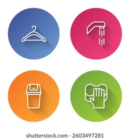 Set line Hanger wardrobe, Shower head, Trash can and Cleaning service. Color circle button. Vector