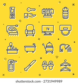 Set line Hanger wardrobe, Shower head, Bellboy hat, Signboard with text Hotel, Armchair, Electric iron, Remote control and Smart Tv icon. Vector