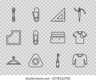 Set line Hanger wardrobe, Sweater, Triangular ruler, Sewing chalk, Yarn, Safety pin, Awl tool and T-shirt icon. Vector