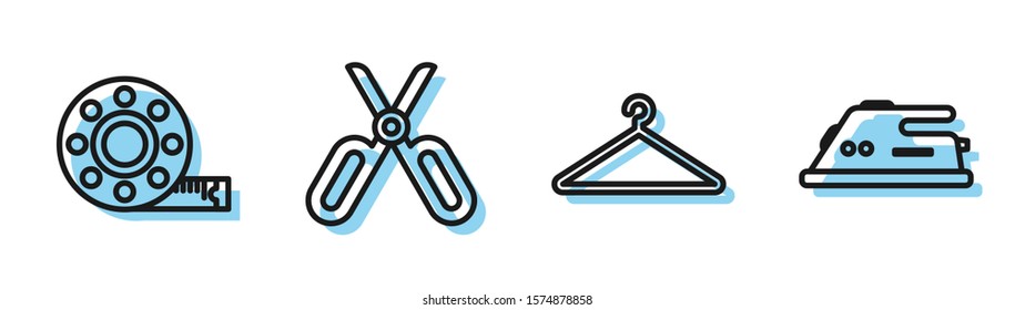 Set line Hanger wardrobe, Tape measure, Scissors and Electric iron icon. Vector
