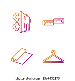 Set line Hanger wardrobe, Textile fabric roll, Electric iron and Tape measure. Gradient color icons. Vector