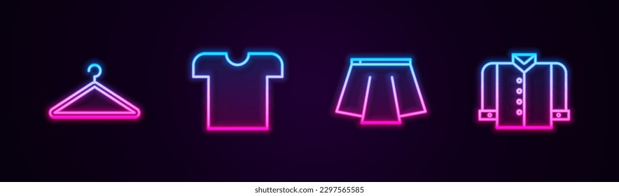 Set line Hanger wardrobe, T-shirt, Skirt and . Glowing neon icon. Vector