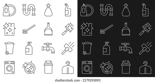 Fijar la línea guardarropa, limpiador de vacío, caucho para ventanas, bolsa de basura, limpieza de cepillos, servicio doméstico, botella de líquido lavavajillas e icono de Dustpan. Vector