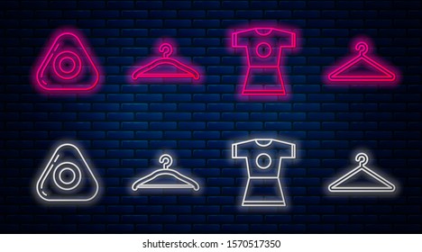 Set line Hanger wardrobe, Woman dress, Sewing chalk and Hanger wardrobe. Glowing neon icon on brick wall. Vector