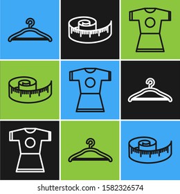 Set line Hanger wardrobe, Woman dress and Tape measure icon. Vector