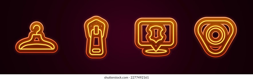 Set line Hanger wardrobe, Zipper, Leather and Sewing chalk. Glowing neon icon. Vector