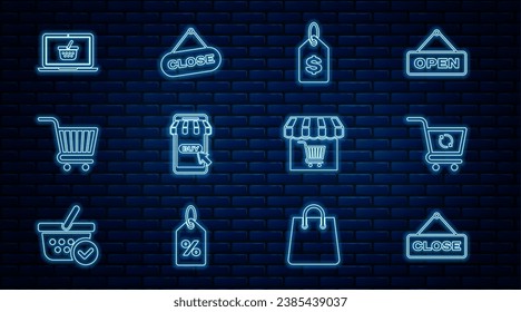 Fijar el signo de la cola con Close, Actualizar carrito de la compra, Precio de la etiqueta, Mobile y, Compras, cesta en la laptop, Tienda de mercado e icono. Vector