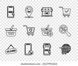 Linie setzen Hängezeichen mit Schließen, Einkaufswagen Globus, Online-Shopping, Mobile und, Aktualisieren und Vergrößern Glas Prozent Symbol. Vektorgrafik