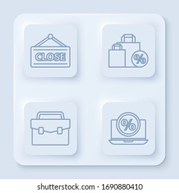 Set line Hanging sign with Closed, Shoping bag with discount, Briefcase and Percent discount and laptop. White square button. Vector
