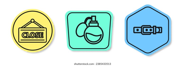 Set line Hanging sign with Closed, Perfume and Leather belt. Colored shapes. Vector