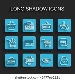 Set line Hanging sign with Closed, Price tag Free, Shopping basket, Discount percent, Handbag, Credit card, Button text New and cart icon. Vector