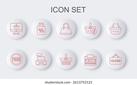 Set line Hanging sign with Closed, Price tag Free, Handbag, Shopping building sale, Monitor shopping basket, Shoping percent discount, Cash register machine and  icon. Vector