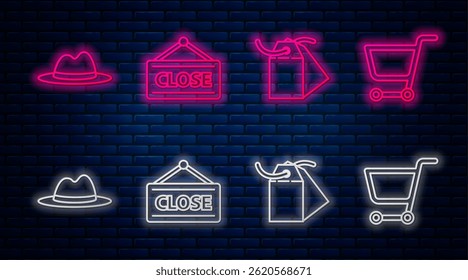 Set line Hanging sign with Closed, Blank label template price tag, Man hat with ribbon and Shopping cart. Glowing neon icon on brick wall. Vector