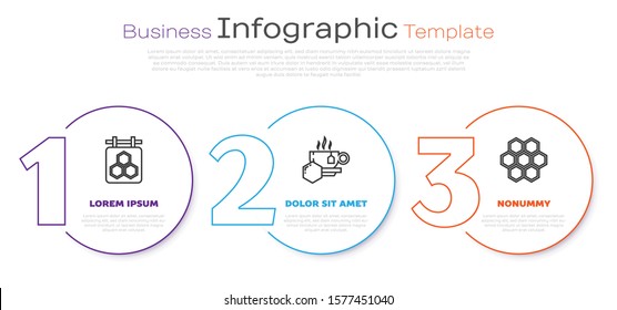 Set line Hanging sign with honeycomb, Cup of tea with honey and Honeycomb. Business infographic template. Vector