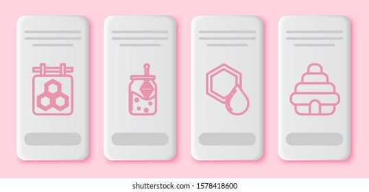 Set line Hanging sign with honeycomb, Jar of honey and honey dipper stick, Honeycomb and Hive for bees. White rectangle button. Vector