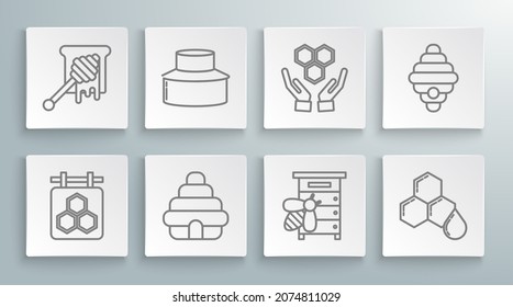 Set line Hanging sign with honeycomb, Beekeeper protect hat, Hive for bees, Honeycomb, and hands,  and dipper stick dripping icon. Vector