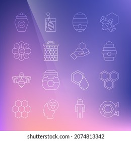 Set line Hanging sign with honeycomb, Honeycomb, Hive for bees, Flower, Jar of and and hand icon. Vector