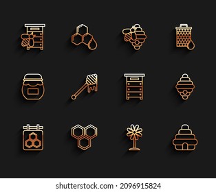 Set line Hanging sign with honeycomb, Honeycomb, Hive for bees, Flower, dipper stick dripping,  and  icon. Vector