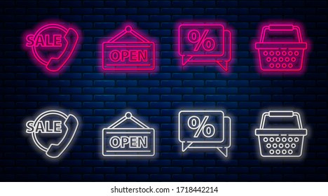 Establecer el signo de ahorcamiento de línea con Open, Descuento por porcentaje de etiqueta, Soporte telefónico las 24 horas y cesta de compras. Icono de neón brillante en la pared de ladrillo. Vector