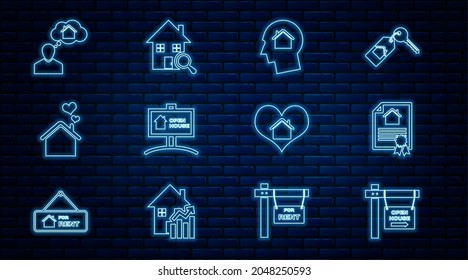 Set line Hanging sign with Open house, House contract, Man dreaming about buying, heart shape,  and Search icon. Vector