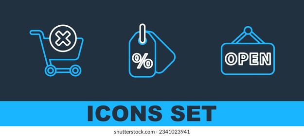 Fijar el signo de la línea Colgando con Abrir, Eliminar carrito de la compra y el icono de la etiqueta Porcentaje de descuento. Vector