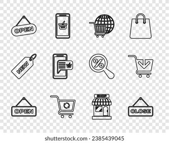 Set line Hanging sign with Open door, Close, Shopping cart globe, Refresh shopping, Mobile and basket, Market store and Add icon. Vector