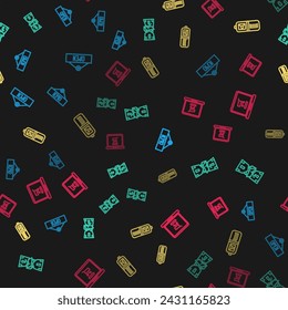 Set line Hanging sign with Open, Crumpled paper money cash, Wallet and Shopping cart laptop on seamless pattern. Vector
