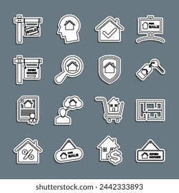 Set line Hanging sign with Open house, House plan, key, check mark, Search, Sold and under protection icon. Vector