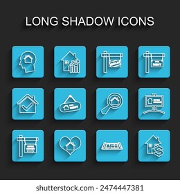 Set line Hanging sign with Open house, House heart shape, Man dreaming about buying, plan, dollar, For Rent,  and Search icon. Vector