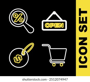 Fije el cartel colgante de la línea con la puerta abierta, el Carrito de compras, el dólar de la etiqueta del Precio y el icono del porcentaje de la lupa. Vector