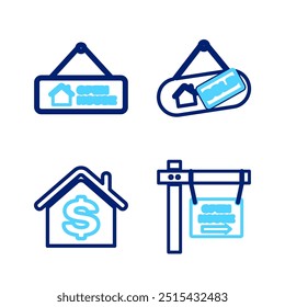 Fije el cartel colgante de la línea con la casa abierta, el dólar de la casa, vendido y el icono. Vector