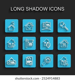 Definir linha Sinal de suspensão com Casa aberta, Contrato de casa, forma do coração, Pesquisa, Percant e ícone de proteção. Vetor